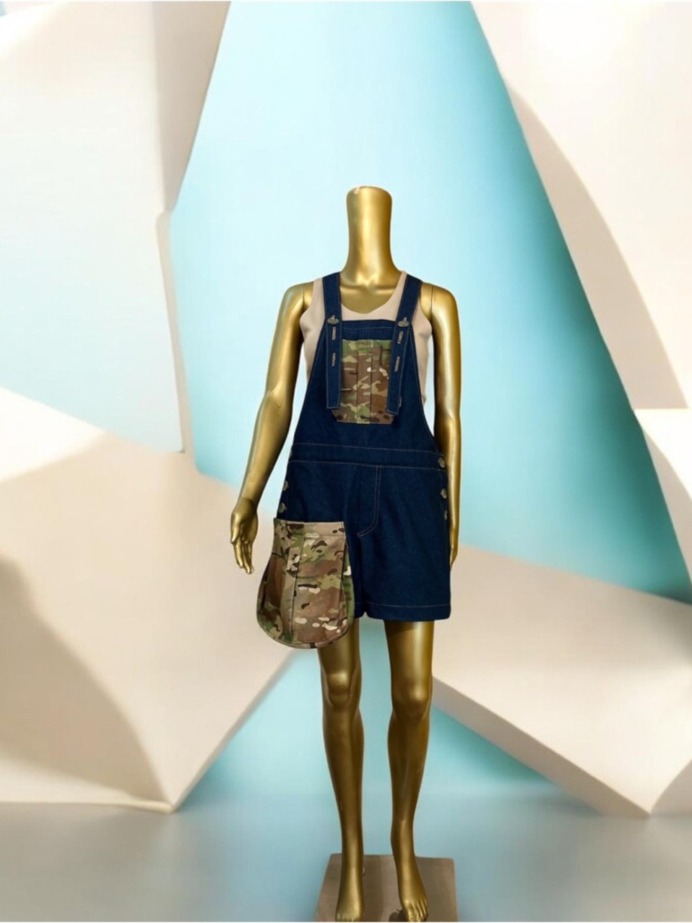 Women’s Navy Denim Short Overalls with Camouflage Pockets - Unbranded